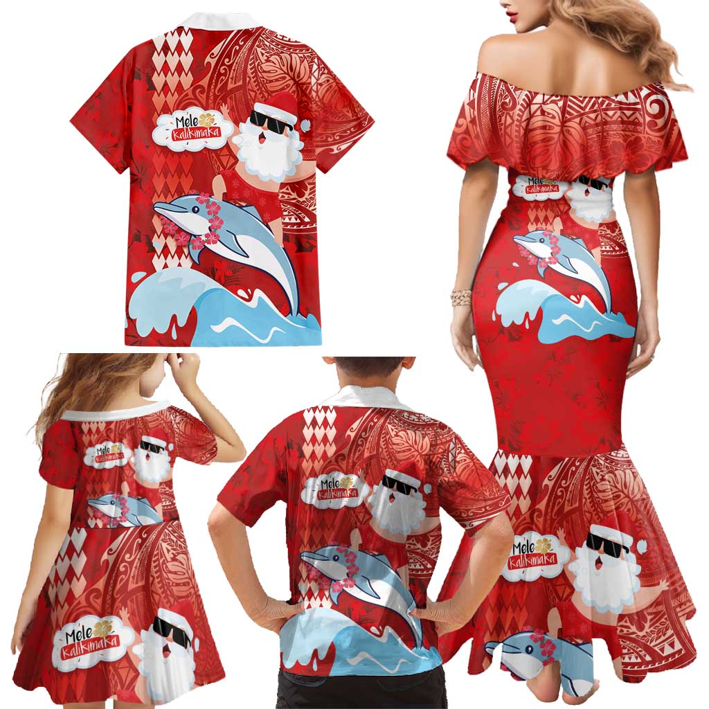 Hawaiian Mele Kalikimaka Family Matching Mermaid Dress and Hawaiian Shirt Funny Santa Riding Lei Dolphin with Kakau Tattoos - Polynesian Pride