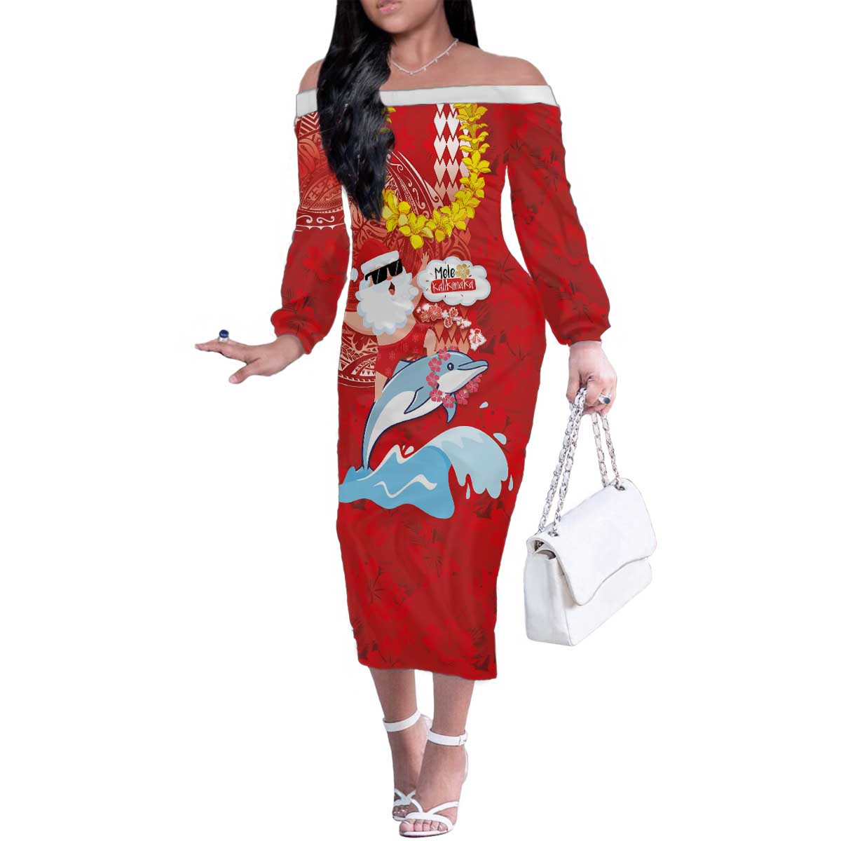 Hawaiian Mele Kalikimaka Family Matching Off The Shoulder Long Sleeve Dress and Hawaiian Shirt Funny Santa Riding Lei Dolphin with Kakau Tattoos - Polynesian Pride