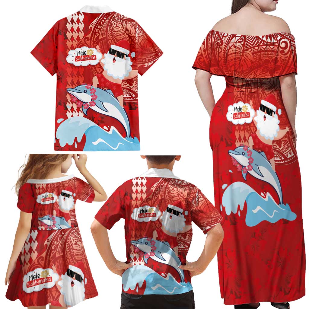 Hawaiian Mele Kalikimaka Family Matching Off Shoulder Maxi Dress and Hawaiian Shirt Funny Santa Riding Lei Dolphin with Kakau Tattoos - Polynesian Pride