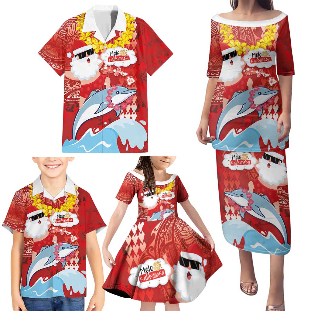 Hawaiian Mele Kalikimaka Family Matching Puletasi and Hawaiian Shirt Funny Santa Riding Lei Dolphin with Kakau Tattoos - Polynesian Pride