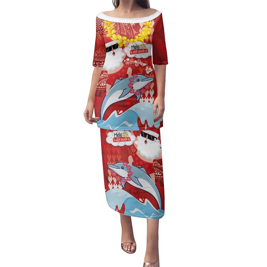 Hawaiian Mele Kalikimaka Family Matching Puletasi and Hawaiian Shirt Funny Santa Riding Lei Dolphin with Kakau Tattoos - Polynesian Pride