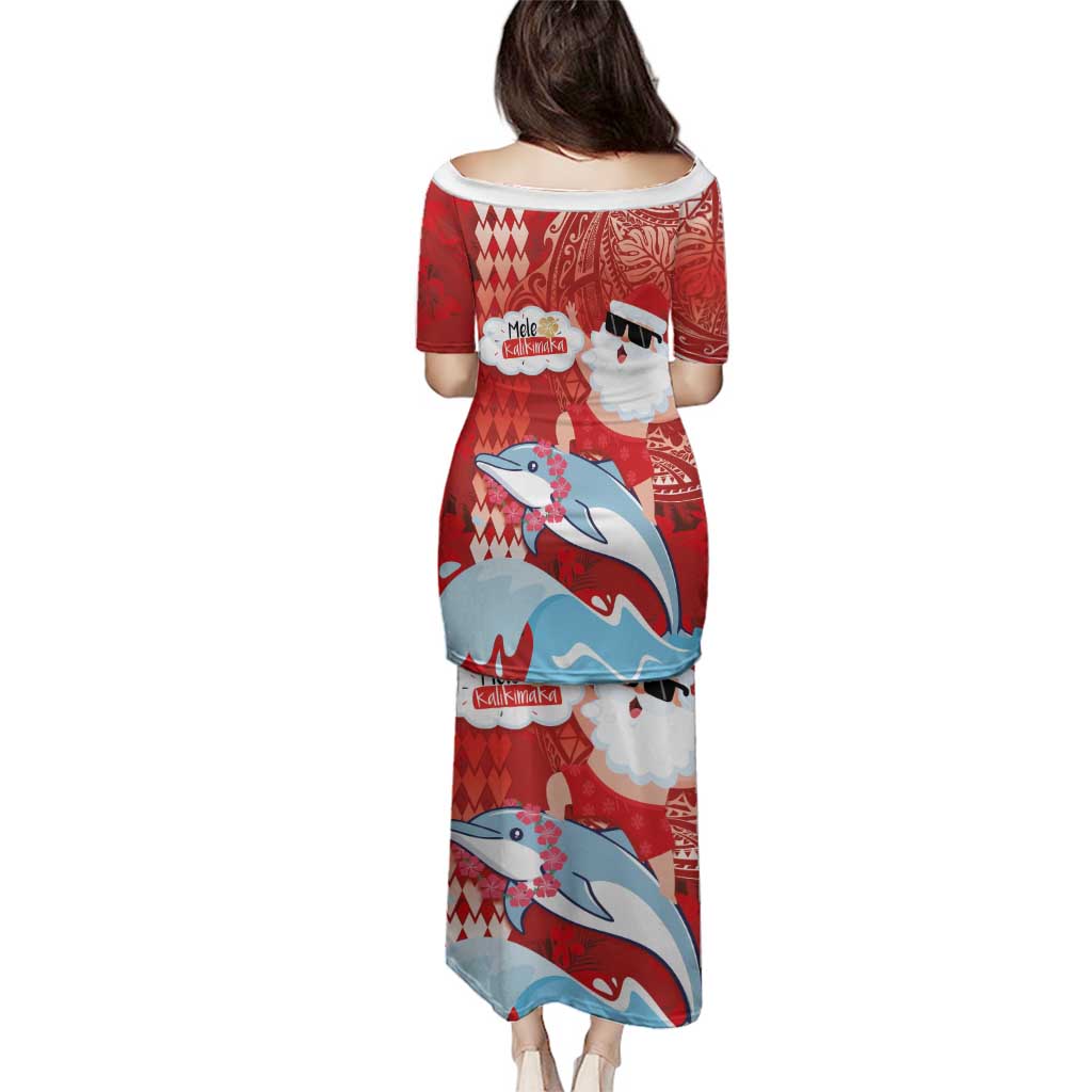 Hawaiian Mele Kalikimaka Family Matching Puletasi and Hawaiian Shirt Funny Santa Riding Lei Dolphin with Kakau Tattoos - Polynesian Pride