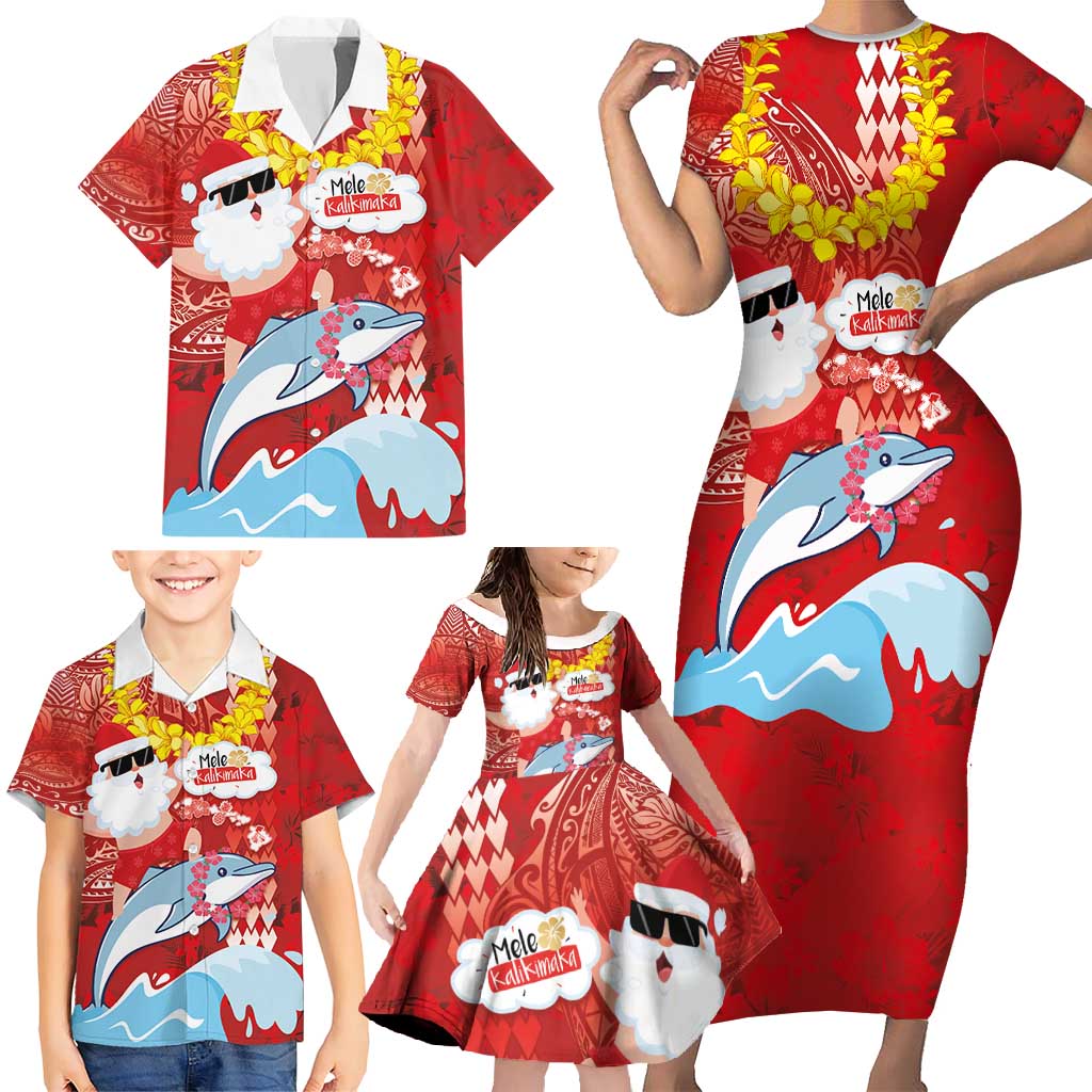 Hawaiian Mele Kalikimaka Family Matching Short Sleeve Bodycon Dress and Hawaiian Shirt Funny Santa Riding Lei Dolphin with Kakau Tattoos - Polynesian Pride