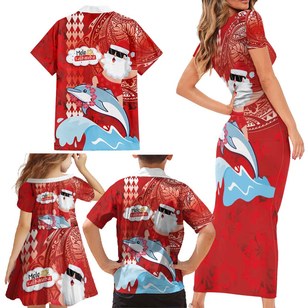 Hawaiian Mele Kalikimaka Family Matching Short Sleeve Bodycon Dress and Hawaiian Shirt Funny Santa Riding Lei Dolphin with Kakau Tattoos - Polynesian Pride
