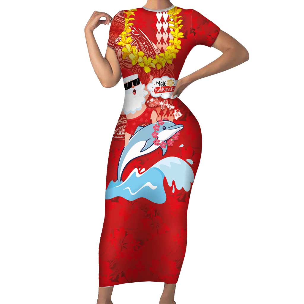 Hawaiian Mele Kalikimaka Family Matching Short Sleeve Bodycon Dress and Hawaiian Shirt Funny Santa Riding Lei Dolphin with Kakau Tattoos - Polynesian Pride