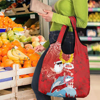 Hawaiian Mele Kalikimaka Grocery Bag Funny Santa Riding Lei Dolphin with Kakau Tattoos - Polynesian Pride