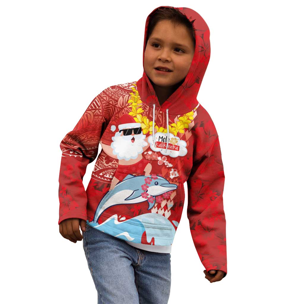 Hawaiian Mele Kalikimaka Kid Hoodie Funny Santa Riding Lei Dolphin with Kakau Tattoos - Polynesian Pride