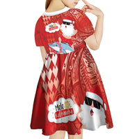 Hawaiian Mele Kalikimaka Kid Short Sleeve Dress Funny Santa Riding Lei Dolphin with Kakau Tattoos - Polynesian Pride