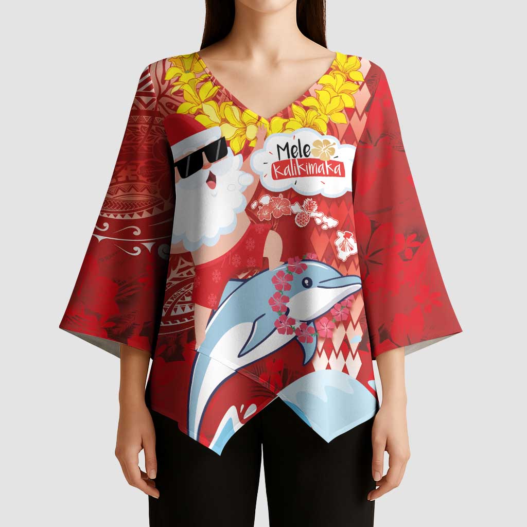 Hawaiian Mele Kalikimaka Kimono Sleeve Blouse Funny Santa Riding Lei Dolphin with Kakau Tattoos - Polynesian Pride