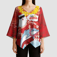 Hawaiian Mele Kalikimaka Kimono Sleeve Blouse Funny Santa Riding Lei Dolphin with Kakau Tattoos - Polynesian Pride