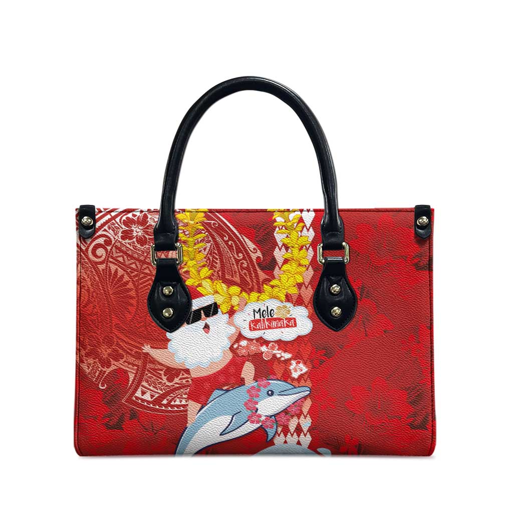 Hawaiian Mele Kalikimaka Leather Bag Funny Santa Riding Lei Dolphin with Kakau Tattoos - Polynesian Pride