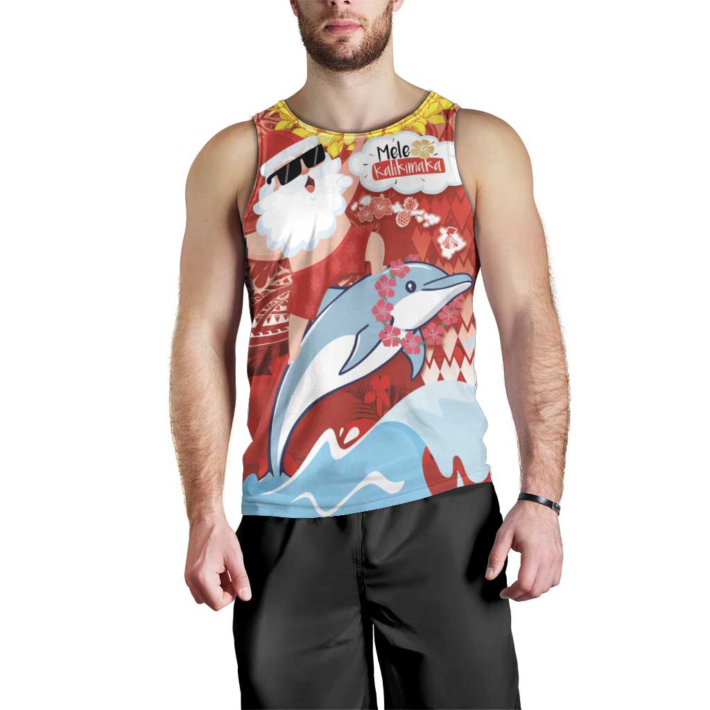 Hawaiian Mele Kalikimaka Men Tank Top Funny Santa Riding Lei Dolphin with Kakau Tattoos - Polynesian Pride