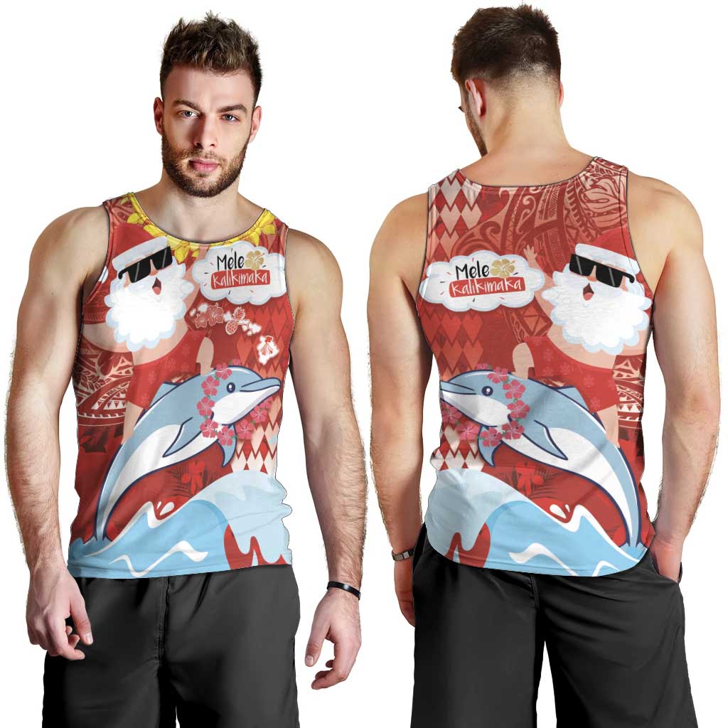 Hawaiian Mele Kalikimaka Men Tank Top Funny Santa Riding Lei Dolphin with Kakau Tattoos - Polynesian Pride