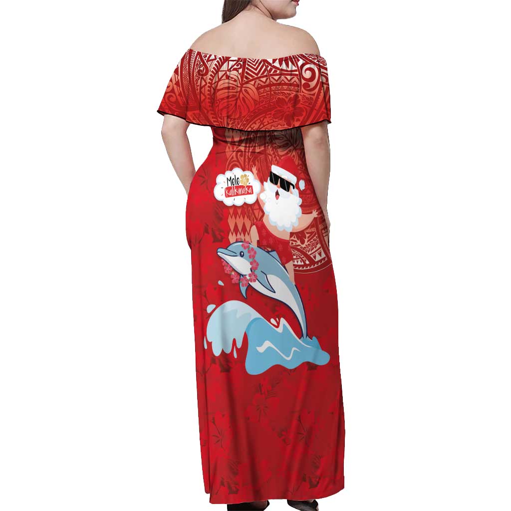 Hawaiian Mele Kalikimaka Off Shoulder Maxi Dress Funny Santa Riding Lei Dolphin with Kakau Tattoos - Polynesian Pride
