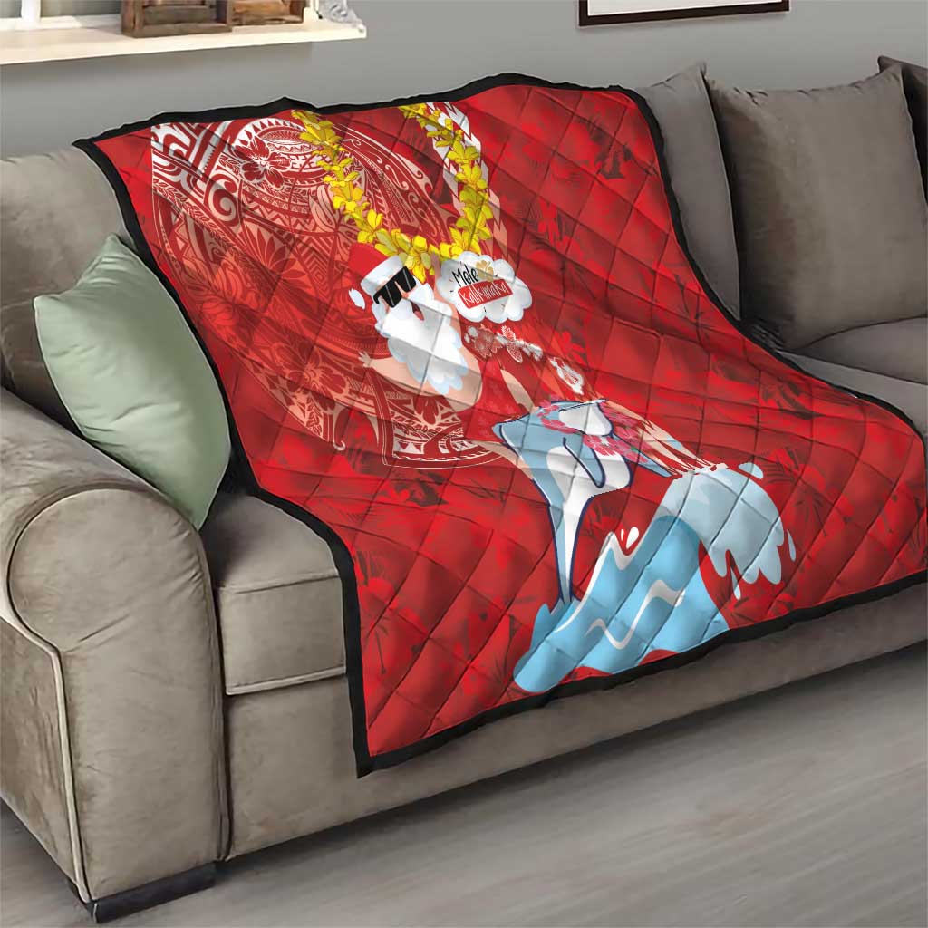 Hawaiian Mele Kalikimaka Quilt Funny Santa Riding Lei Dolphin with Kakau Tattoos - Polynesian Pride