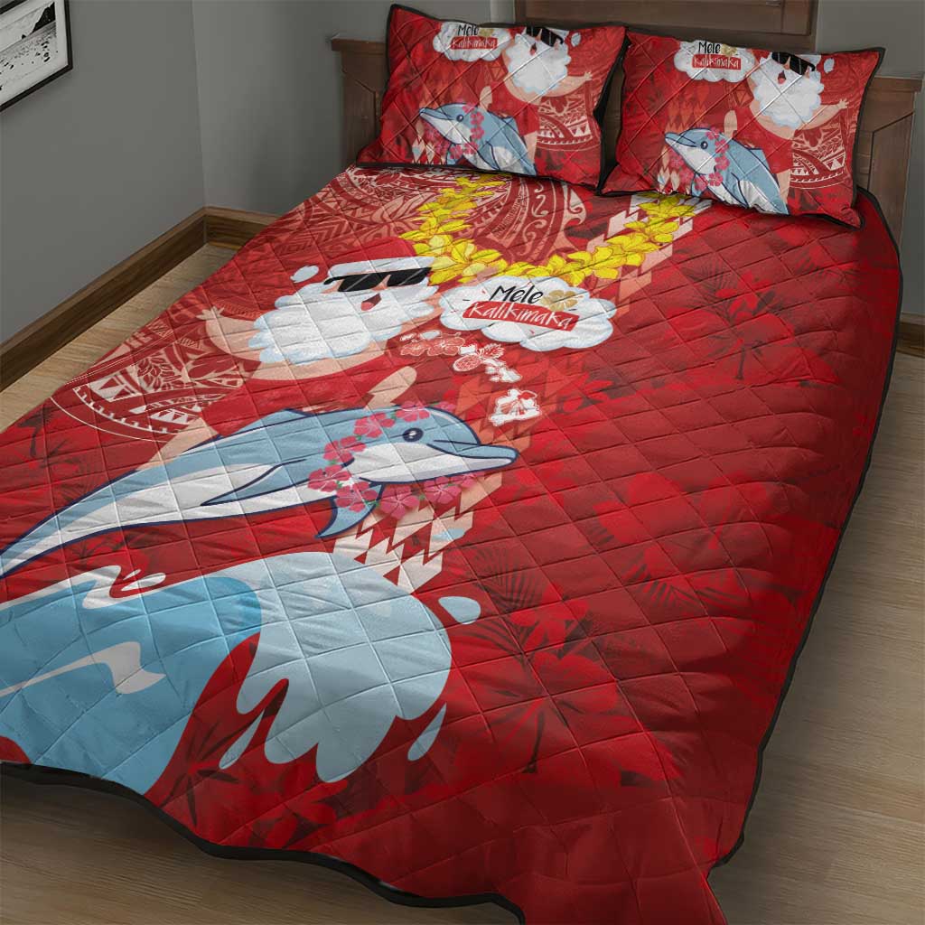 Hawaiian Mele Kalikimaka Quilt Bed Set Funny Santa Riding Lei Dolphin with Kakau Tattoos - Polynesian Pride
