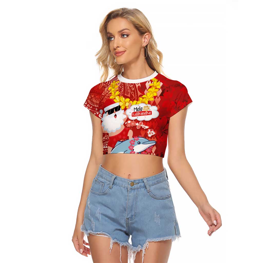 Hawaiian Mele Kalikimaka Raglan Cropped T Shirt Funny Santa Riding Lei Dolphin with Kakau Tattoos - Polynesian Pride