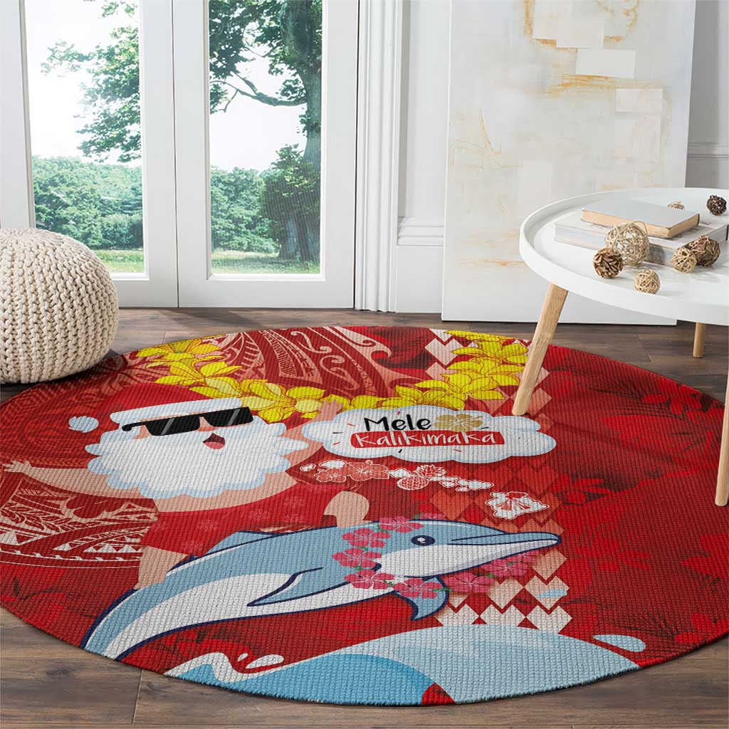 Hawaiian Mele Kalikimaka Round Carpet Funny Santa Riding Lei Dolphin with Kakau Tattoos - Polynesian Pride