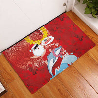 Hawaiian Mele Kalikimaka Rubber Doormat Funny Santa Riding Lei Dolphin with Kakau Tattoos - Polynesian Pride