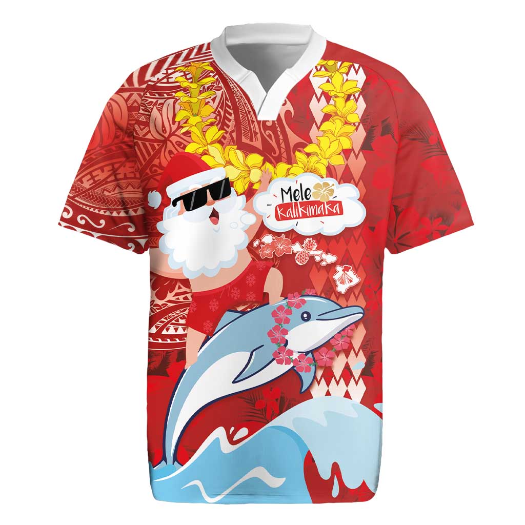 Hawaiian Mele Kalikimaka Rugby Jersey Funny Santa Riding Lei Dolphin with Kakau Tattoos - Polynesian Pride