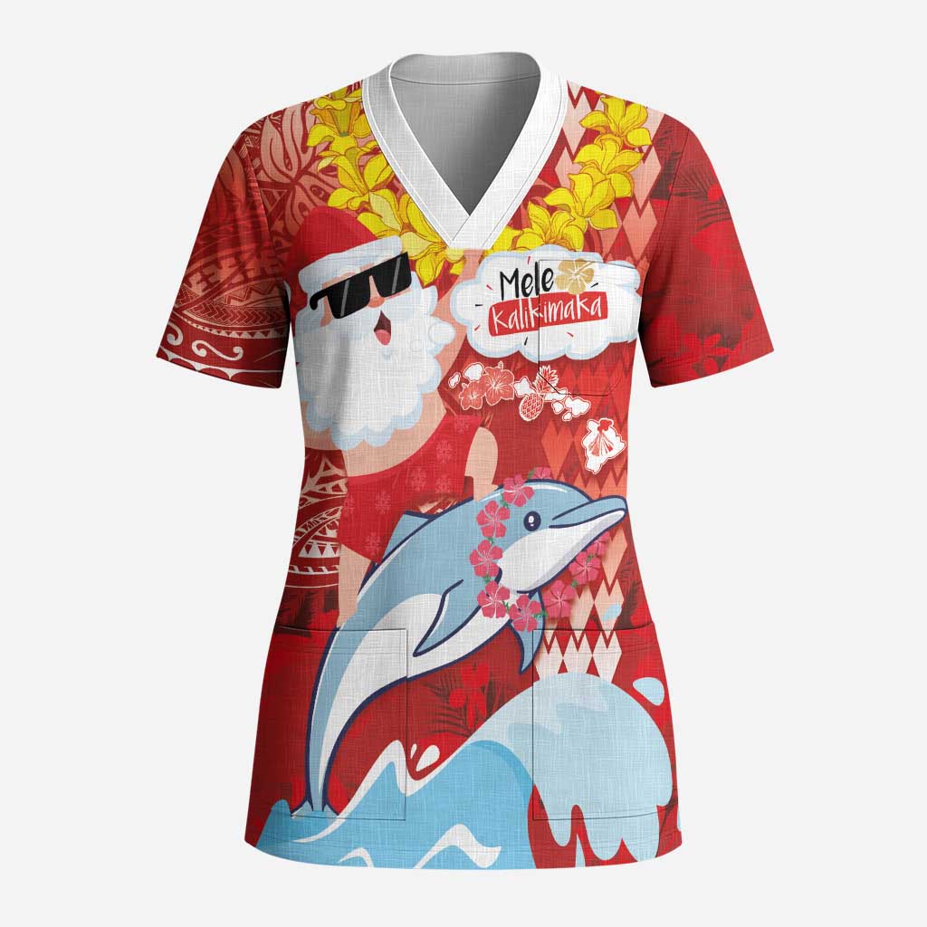 Hawaiian Mele Kalikimaka Scrub Top Funny Santa Riding Lei Dolphin with Kakau Tattoos - Polynesian Pride
