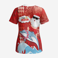 Hawaiian Mele Kalikimaka Scrub Top Funny Santa Riding Lei Dolphin with Kakau Tattoos - Polynesian Pride