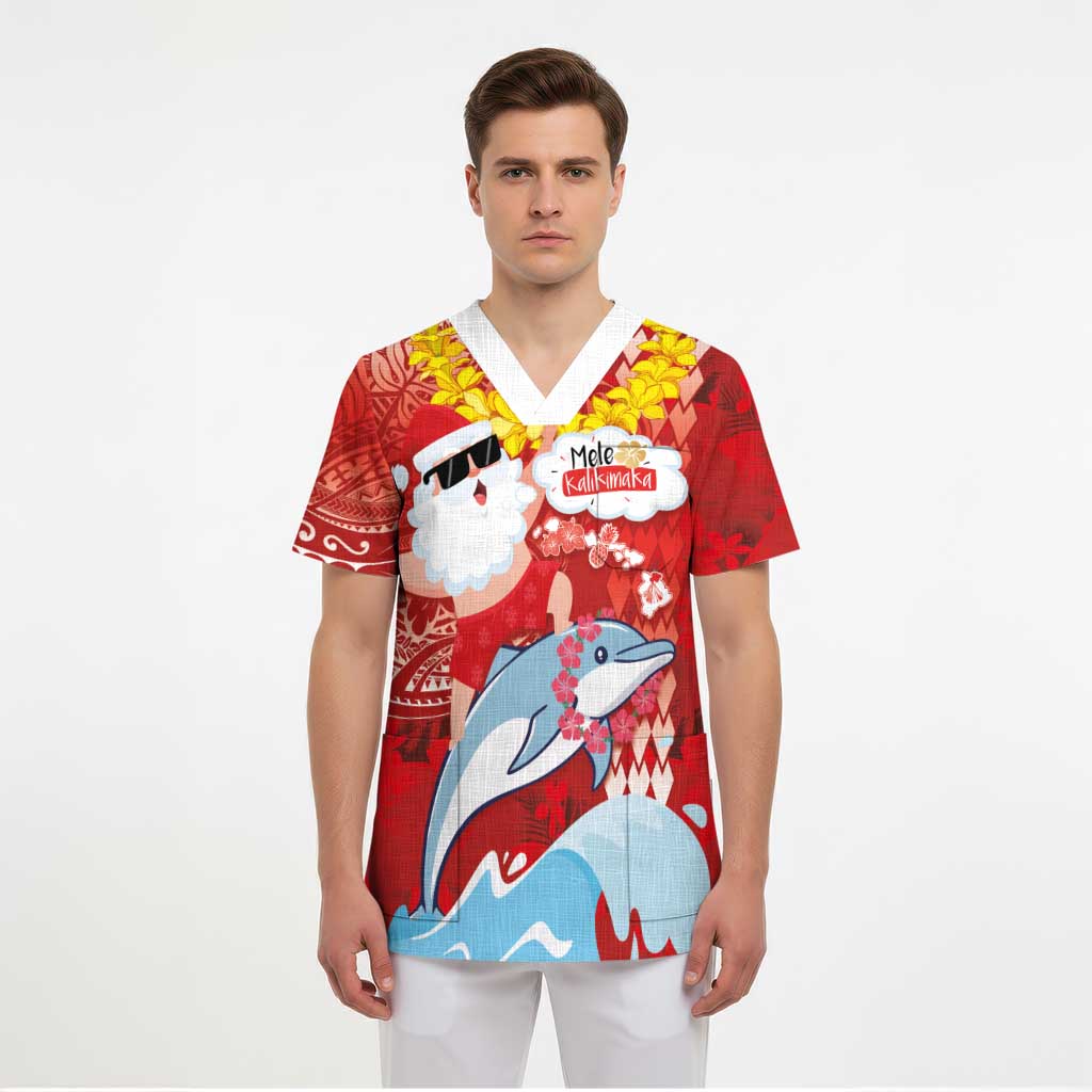 Hawaiian Mele Kalikimaka Scrub Top Funny Santa Riding Lei Dolphin with Kakau Tattoos - Polynesian Pride