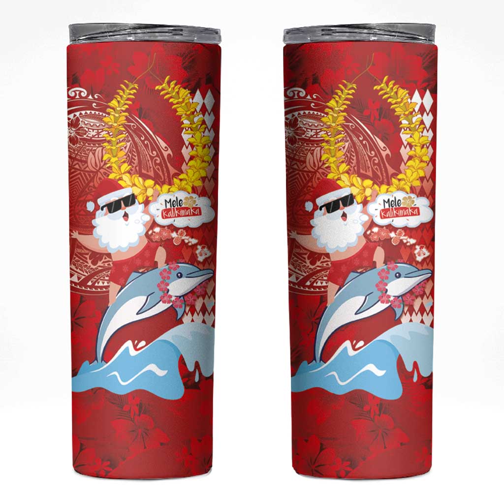 Hawaiian Mele Kalikimaka Skinny Tumbler Funny Santa Riding Lei Dolphin with Kakau Tattoos - Polynesian Pride