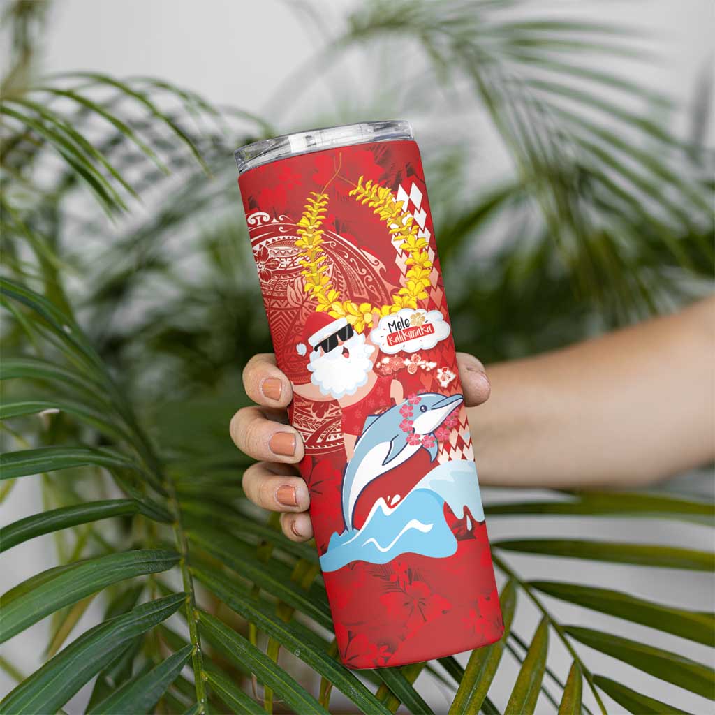 Hawaiian Mele Kalikimaka Skinny Tumbler Funny Santa Riding Lei Dolphin with Kakau Tattoos - Polynesian Pride