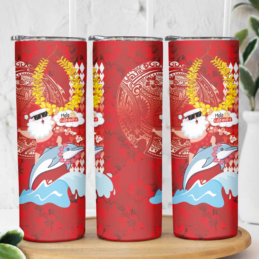 Hawaiian Mele Kalikimaka Skinny Tumbler Funny Santa Riding Lei Dolphin with Kakau Tattoos - Polynesian Pride