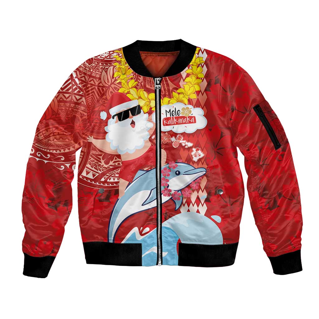 Hawaiian Mele Kalikimaka Sleeve Zip Bomber Jacket Funny Santa Riding Lei Dolphin with Kakau Tattoos - Polynesian Pride