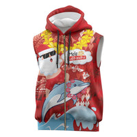 Hawaiian Mele Kalikimaka Sleeveless Zip Hoodie Funny Santa Riding Lei Dolphin with Kakau Tattoos - Polynesian Pride