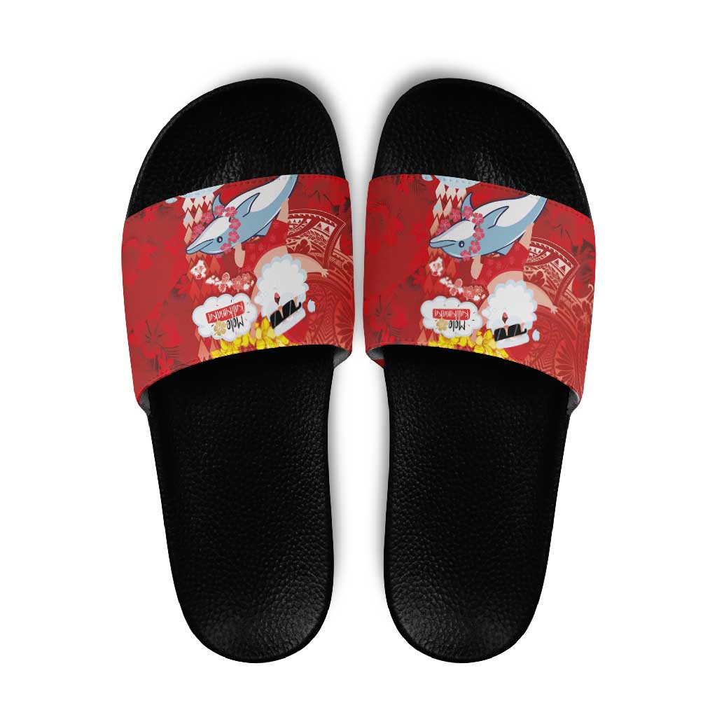 Hawaiian Mele Kalikimaka Slide Sandals Funny Santa Riding Lei Dolphin with Kakau Tattoos - Polynesian Pride