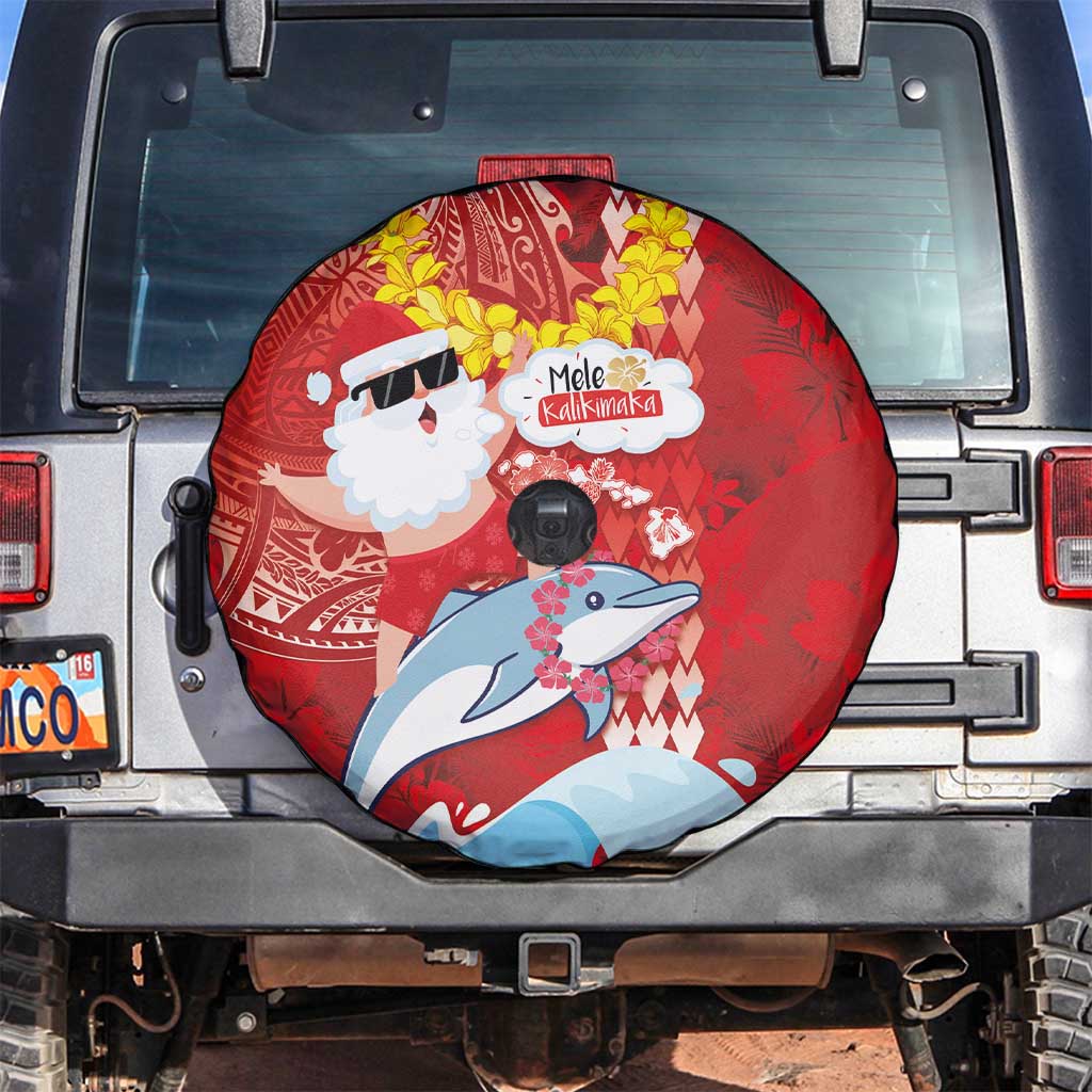 Hawaiian Mele Kalikimaka Spare Tire Cover Funny Santa Riding Lei Dolphin with Kakau Tattoos - Polynesian Pride