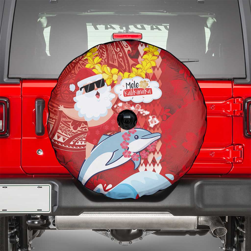 Hawaiian Mele Kalikimaka Spare Tire Cover Funny Santa Riding Lei Dolphin with Kakau Tattoos - Polynesian Pride