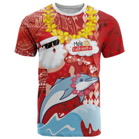 Hawaiian Mele Kalikimaka T Shirt Funny Santa Riding Lei Dolphin with Kakau Tattoos - Polynesian Pride