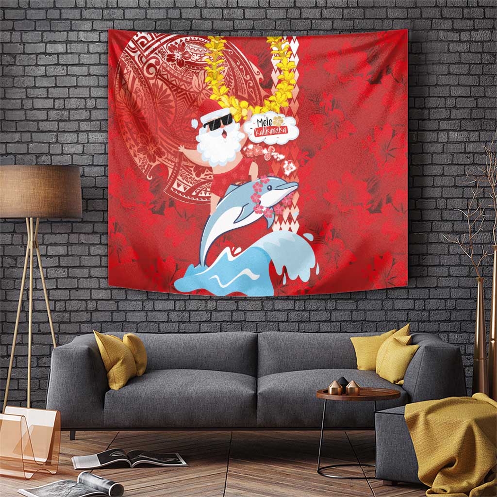 Hawaiian Mele Kalikimaka Tapestry Funny Santa Riding Lei Dolphin with Kakau Tattoos - Polynesian Pride