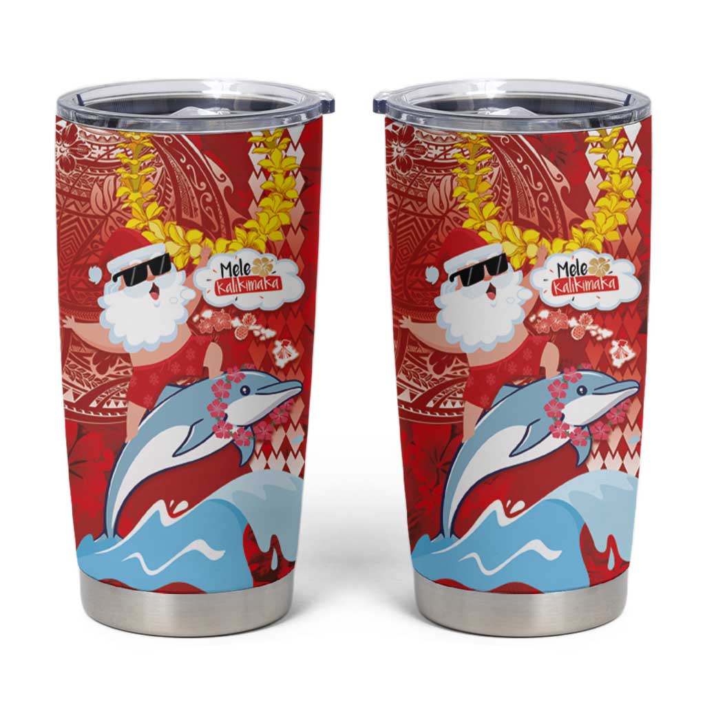 Hawaiian Mele Kalikimaka Tumbler Cup Funny Santa Riding Lei Dolphin with Kakau Tattoos - Polynesian Pride
