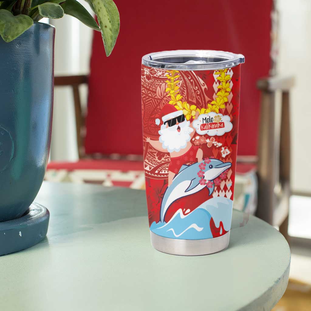 Hawaiian Mele Kalikimaka Tumbler Cup Funny Santa Riding Lei Dolphin with Kakau Tattoos - Polynesian Pride