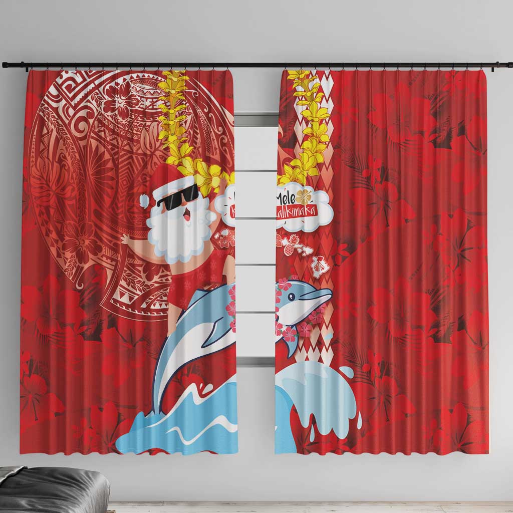 Hawaiian Mele Kalikimaka Window Curtain Funny Santa Riding Lei Dolphin with Kakau Tattoos - Polynesian Pride