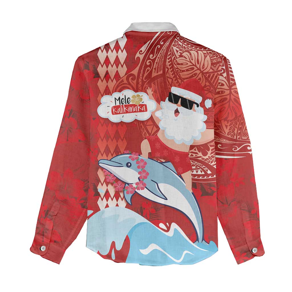 Hawaiian Mele Kalikimaka Women Casual Shirt Funny Santa Riding Lei Dolphin with Kakau Tattoos - Polynesian Pride