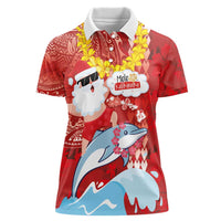 Hawaiian Mele Kalikimaka Women Polo Shirt Funny Santa Riding Lei Dolphin with Kakau Tattoos - Polynesian Pride