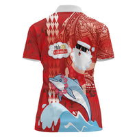 Hawaiian Mele Kalikimaka Women Polo Shirt Funny Santa Riding Lei Dolphin with Kakau Tattoos - Polynesian Pride