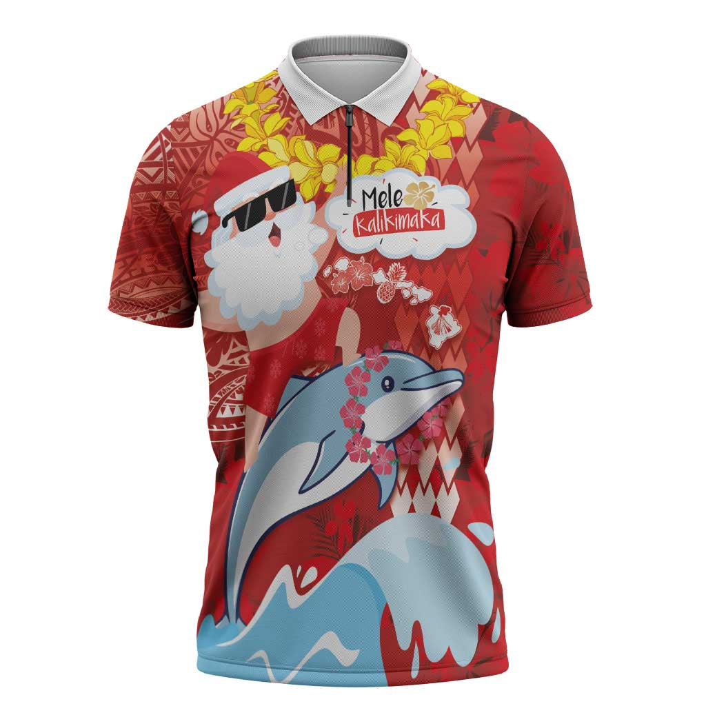 Hawaiian Mele Kalikimaka Zipper Polo Shirt Funny Santa Riding Lei Dolphin with Kakau Tattoos - Polynesian Pride
