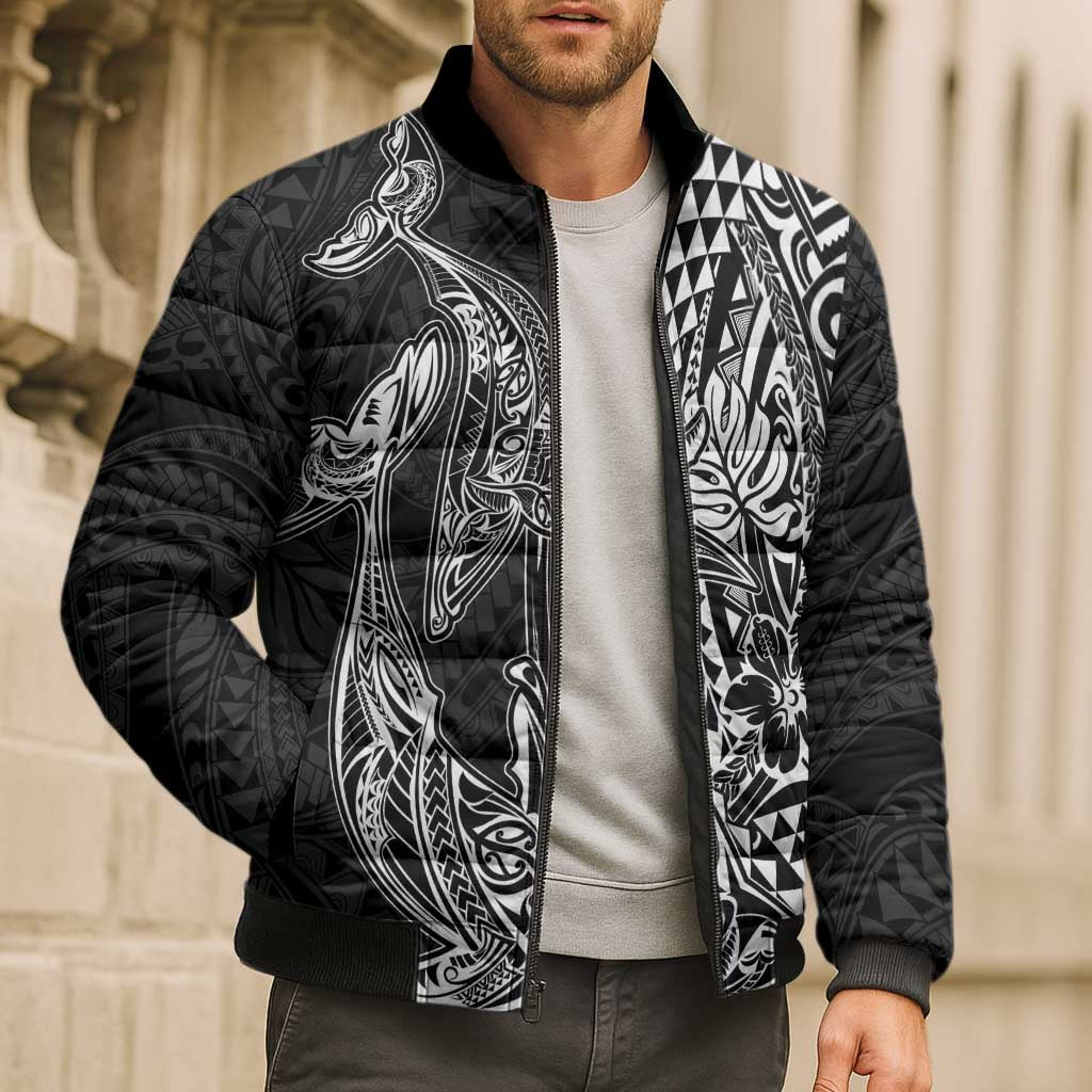 Hawaiian Whales Polynesian Art Motifs Bomber Puffer Jacket Black Color LT03 - Polynesian Pride