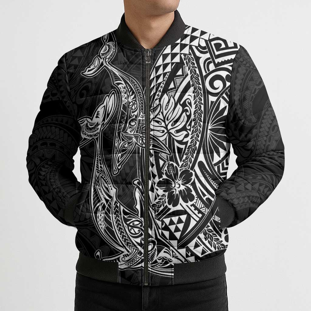 Hawaiian Whales Polynesian Art Motifs Bomber Puffer Jacket Black Color LT03 - Polynesian Pride