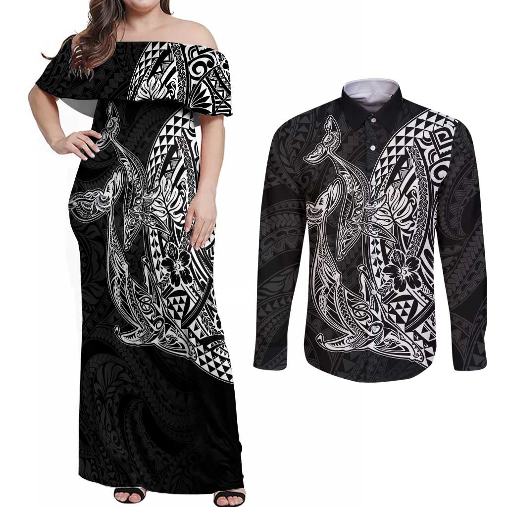 Hawaiian Whales Polynesian Art Motifs Couples Matching Off Shoulder Maxi Dress and Long Sleeve Button Shirt Black Color - Polynesian Pride
