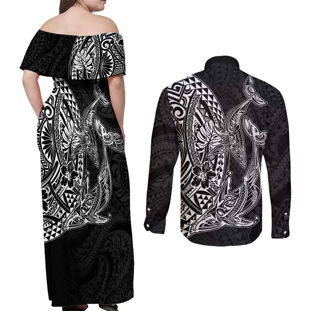 Hawaiian Whales Polynesian Art Motifs Couples Matching Off Shoulder Maxi Dress and Long Sleeve Button Shirt Black Color - Polynesian Pride