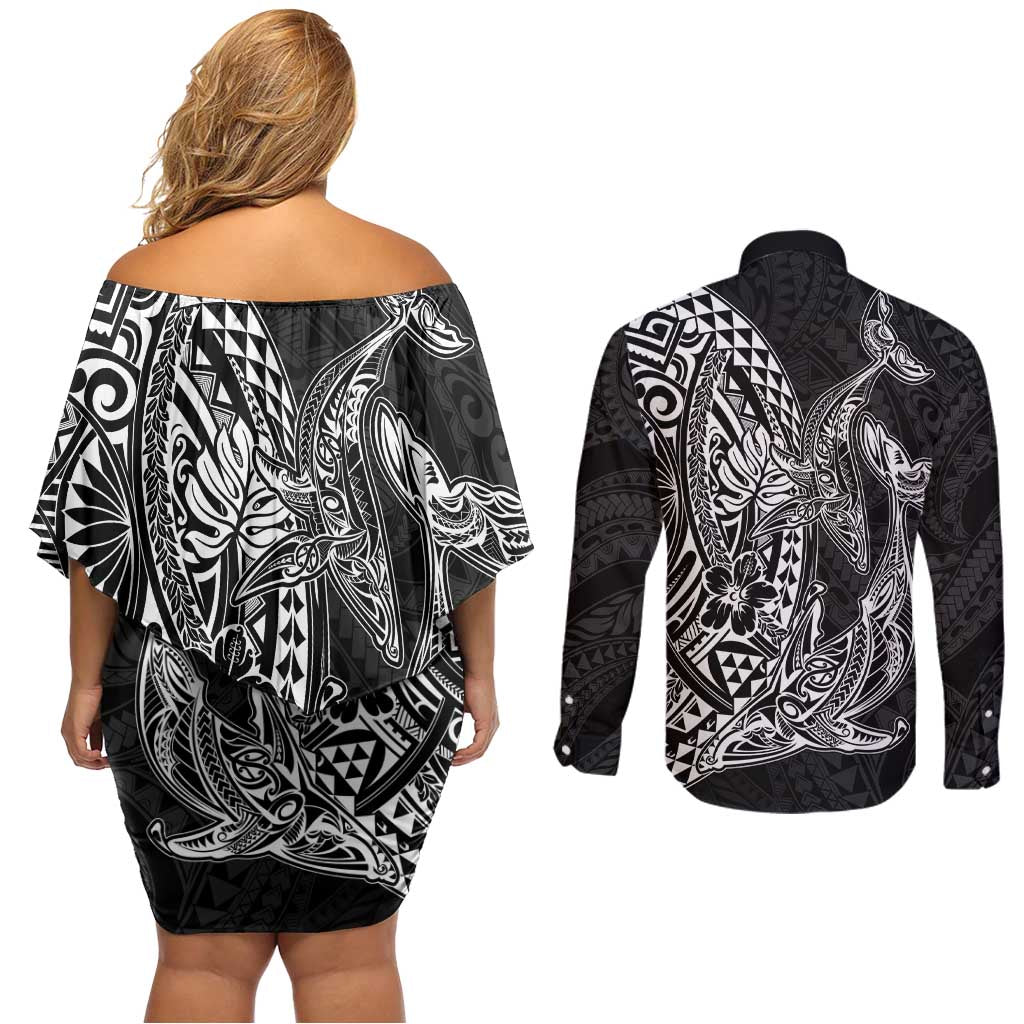 Hawaiian Whales Polynesian Art Motifs Couples Matching Off Shoulder Short Dress and Long Sleeve Button Shirt Black Color - Polynesian Pride