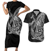 Hawaiian Whales Polynesian Art Motifs Couples Matching Short Sleeve Bodycon Dress and Hawaiian Shirt Black Color - Polynesian Pride